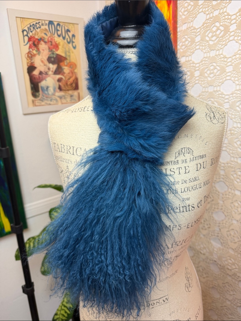 Renée's New York scarf MONGOLIAN LAMB FUR Blue Vtg